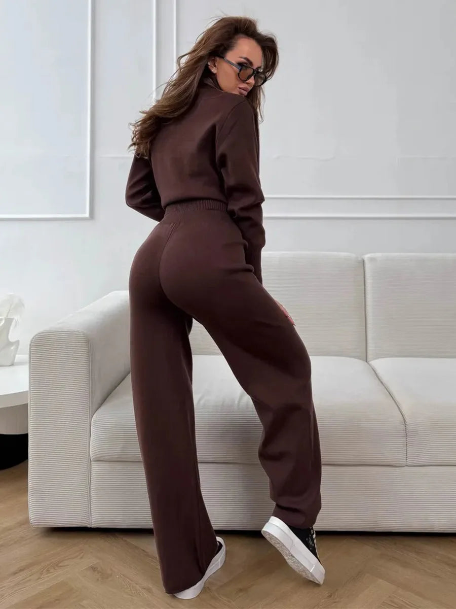 סט סריג חום ז׳קט ומכנס רחב חגית